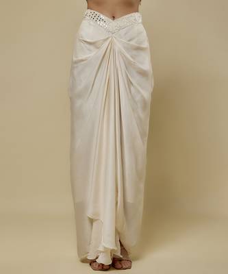 White satin plain cape and skirt paired with emobroidered blouse 2