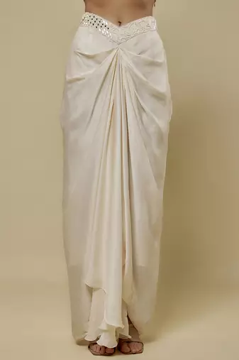 White satin plain cape and skirt paired with emobroidered blouse