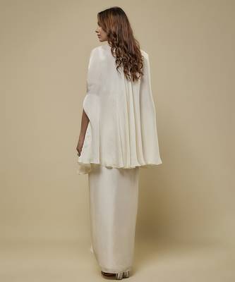 White satin plain cape and skirt paired with emobroidered blouse 4