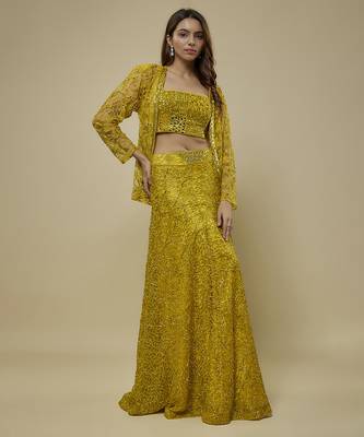 Yellow satin embroidered cape and skirt paired with blouse 1