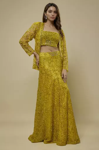 Yellow satin embroidered cape and skirt paired with blouse