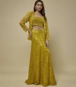 Yellow satin embroidered cape and skirt paired with blouse