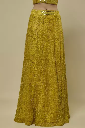Yellow satin embroidered cape and skirt paired with blouse
