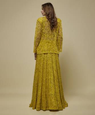 Yellow satin embroidered cape and skirt paired with blouse 4