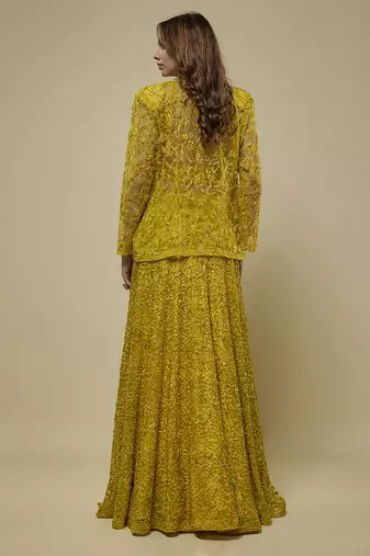 Yellow satin embroidered cape and skirt paired with blouse