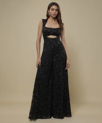 Black satin embroidered long dress 1