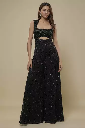 Black satin embroidered long dress