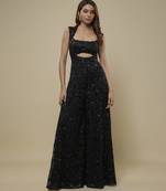 Black satin embroidered long dress