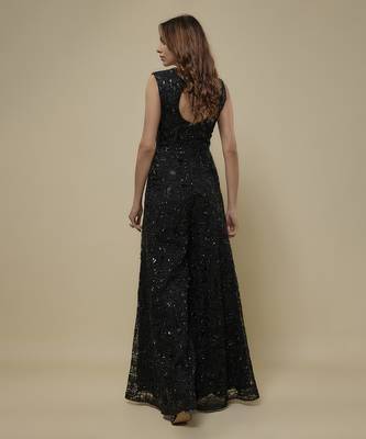 Black satin embroidered long dress 3