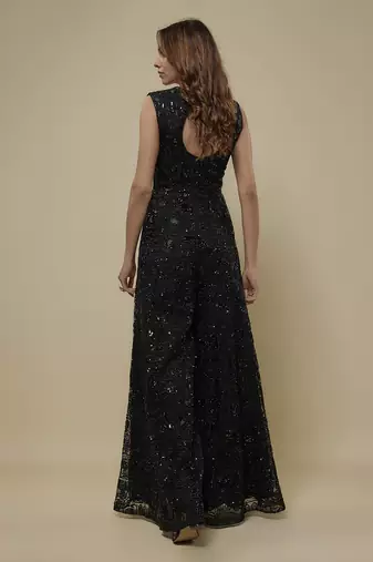 Black satin embroidered long dress