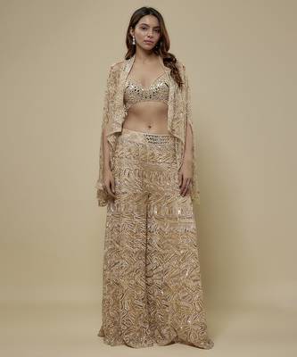 Gold satin embroidered palazzo with cape and blouse 1