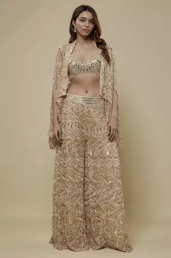 Gold satin embroidered palazzo with cape and blouse