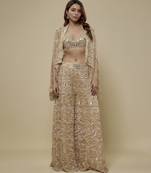 Gold satin embroidered palazzo with cape and blouse