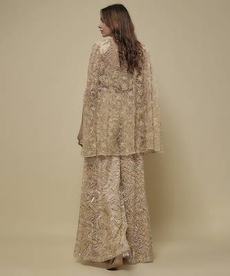 Gold satin embroidered palazzo with cape and blouse 2