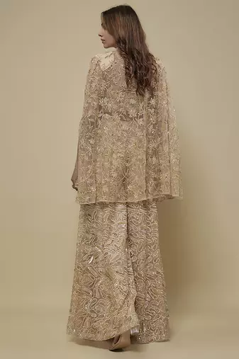 Gold satin embroidered palazzo with cape and blouse