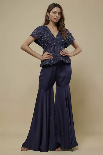 Blue satin embroidered sharara with top