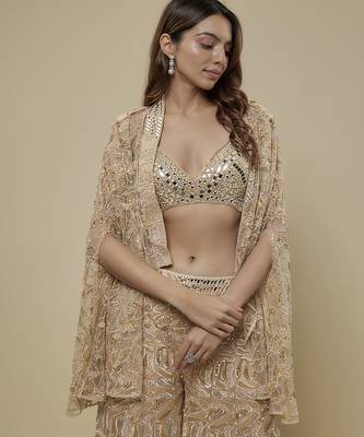 Gold satin embroidered palazzo with cape and blouse 3