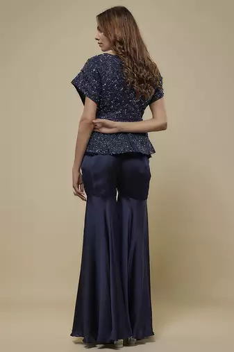 Blue satin embroidered sharara with top