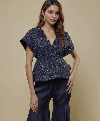 Blue satin embroidered sharara with top 3