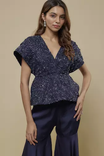 Blue satin embroidered sharara with top