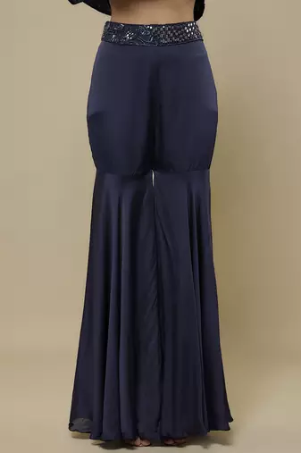 Blue satin embroidered sharara with top