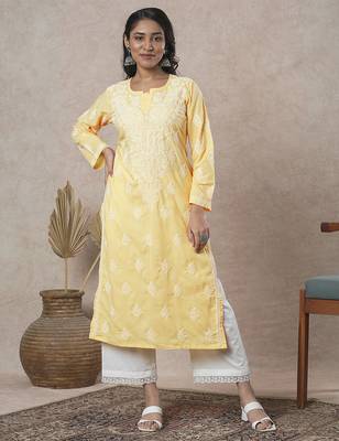 Hand embroidered yellow cotton lucknowi chikankari straight kurta 1