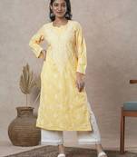 Hand embroidered yellow cotton lucknowi chikankari straight kurta