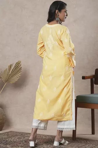 Hand embroidered yellow cotton lucknowi chikankari straight kurta