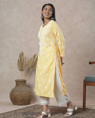 Hand embroidered yellow cotton lucknowi chikankari straight kurta 3
