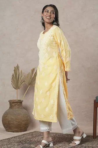 Hand embroidered yellow cotton lucknowi chikankari straight kurta