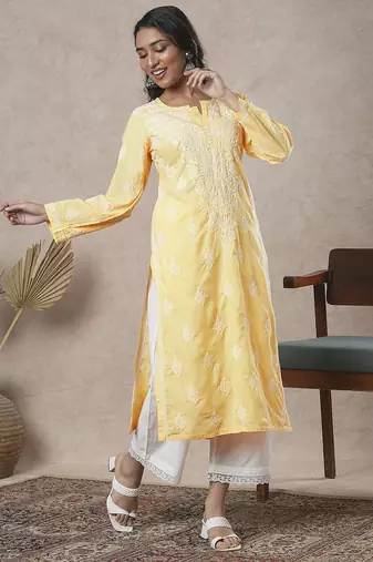 Hand embroidered yellow cotton lucknowi chikankari straight kurta