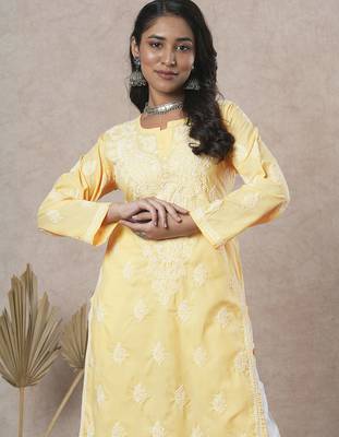 Hand embroidered yellow cotton lucknowi chikankari straight kurta 5
