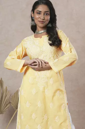 Hand embroidered yellow cotton lucknowi chikankari straight kurta