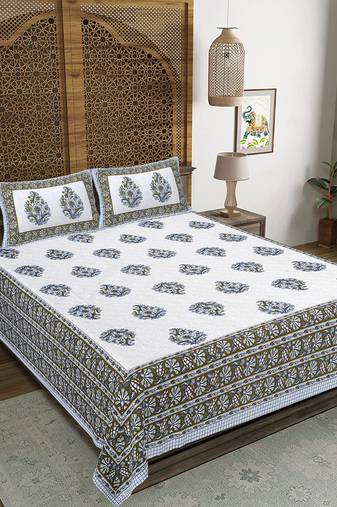 Rudra bazaar blue green 210 tc cotton double king bedsheet with 2 pillow covers