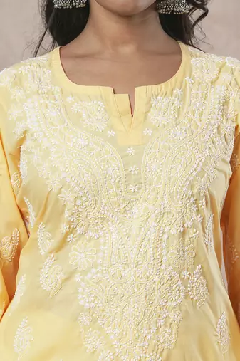 Hand embroidered yellow cotton lucknowi chikankari straight kurta