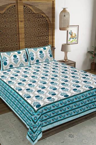 Rudra bazaar turquoise blue  210 tc cotton double king bedsheet with 2 pillow covers