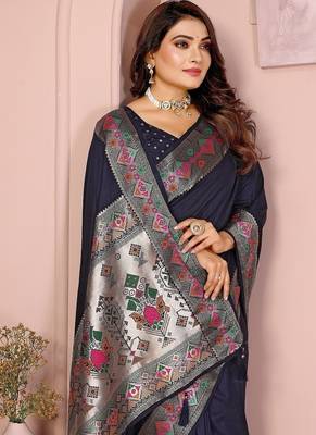 Navy Blue Color Heavy Paithani Silk Saree 1