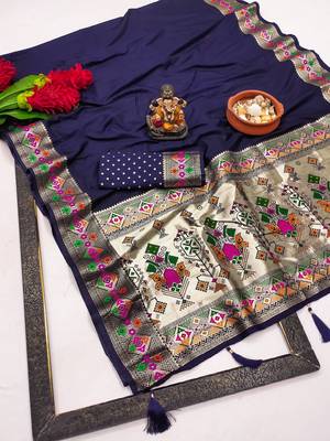 Navy Blue Color Heavy Paithani Silk Saree 5