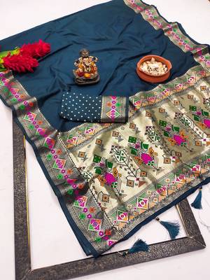 Teal Color Heavy Paithani Silk Saree 5