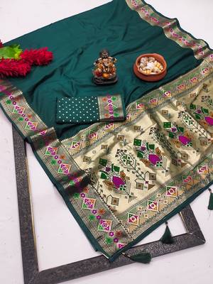 Dark Green Color Heavy Paithani Silk Saree 5