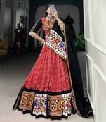 Red Cotton Printed With Gamthi Work Ready to Wear Navratri Lehenga set with choli and dupatta