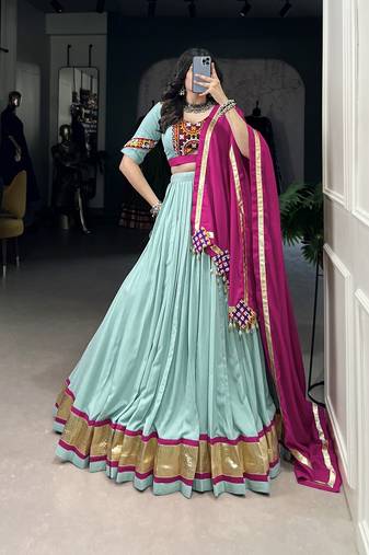 Seagreen Pure Rayon Original Mirror Gamthi Work Ready to Wear Lehenga Choli