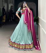 Seagreen Rayon Original Mirror Gamthi Work Ready to Wear Lehenga set with choli and dupatta