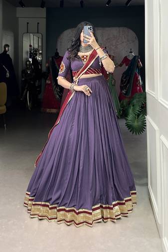 Mauve Pure rayon Plain With Gamthi Work Fully Stitched Navratri Lehenga Choli