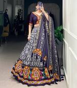 Blue Tussar Silk Ikkat Print With Real Mirror Gamthi Work Navratri Lehenga Choli