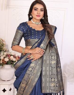 Navy Blue Color Traditional Dola Silk Saree 1