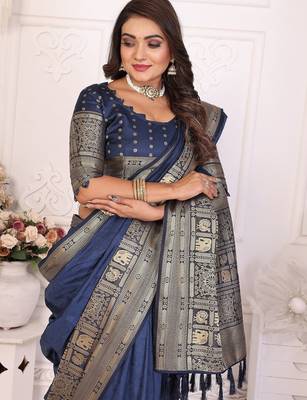 Navy Blue Color Traditional Dola Silk Saree 2