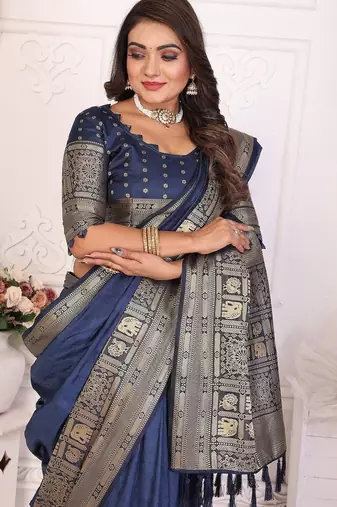 Navy Blue Color Traditional Dola Silk Saree