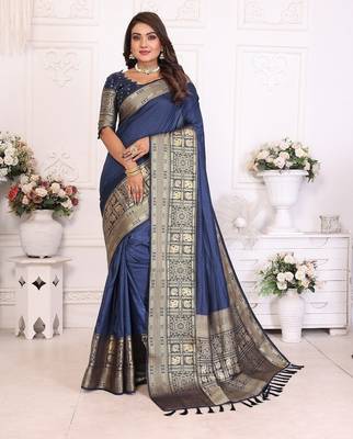 Navy Blue Color Traditional Dola Silk Saree 3