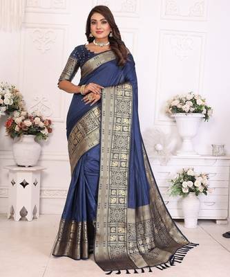 Navy Blue Color Traditional Dola Silk Saree 4